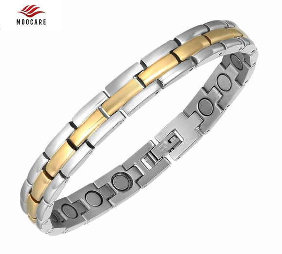 Moocare Two Tone Sleek Adjustable Link Stainless Steel Magnetic Golf Bracelet For Women And Men With Strong Fold-Over Clasp